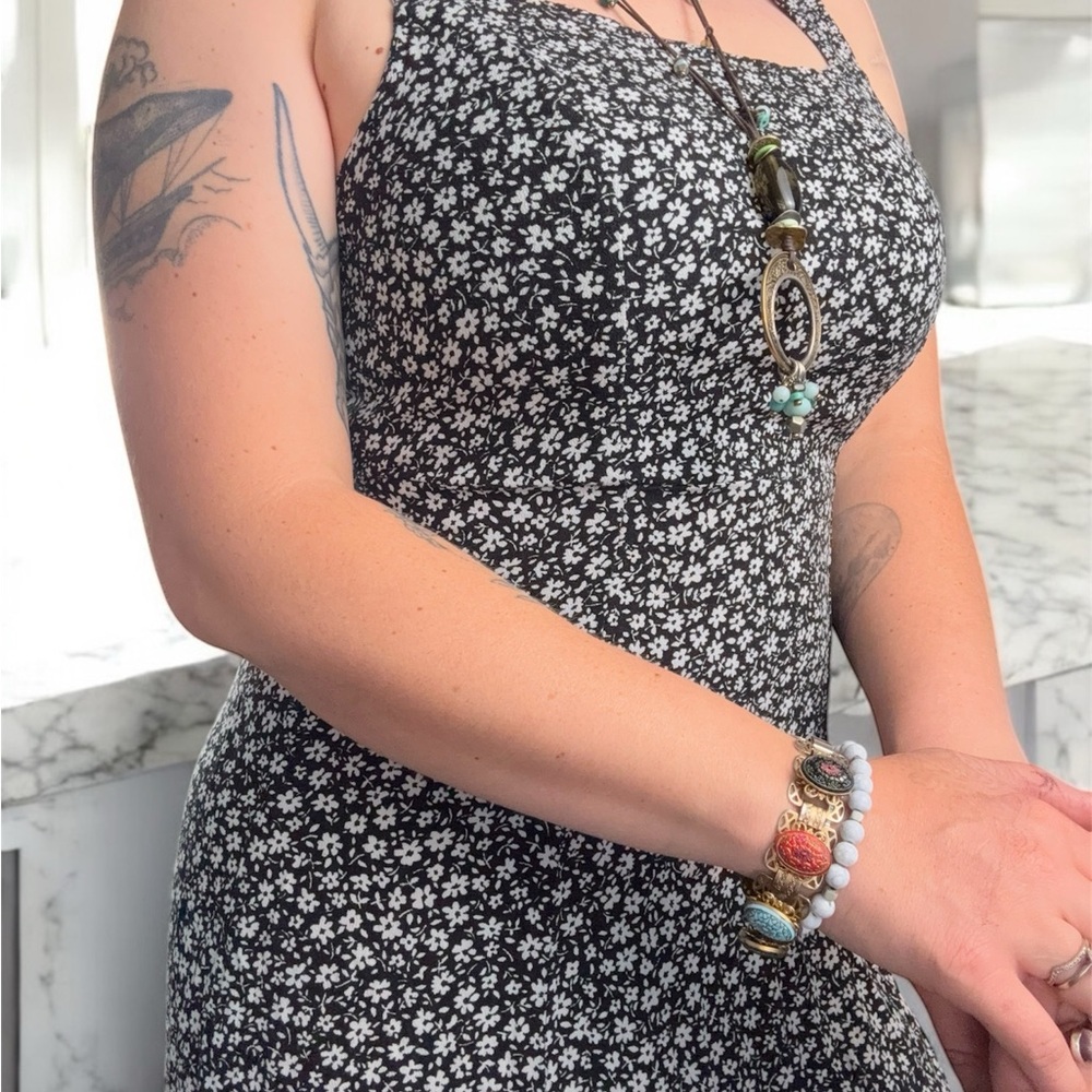 American Eagle Outfitters Black and White Square Neck Sundress Front Slit M 90s - Picture 1 of 11